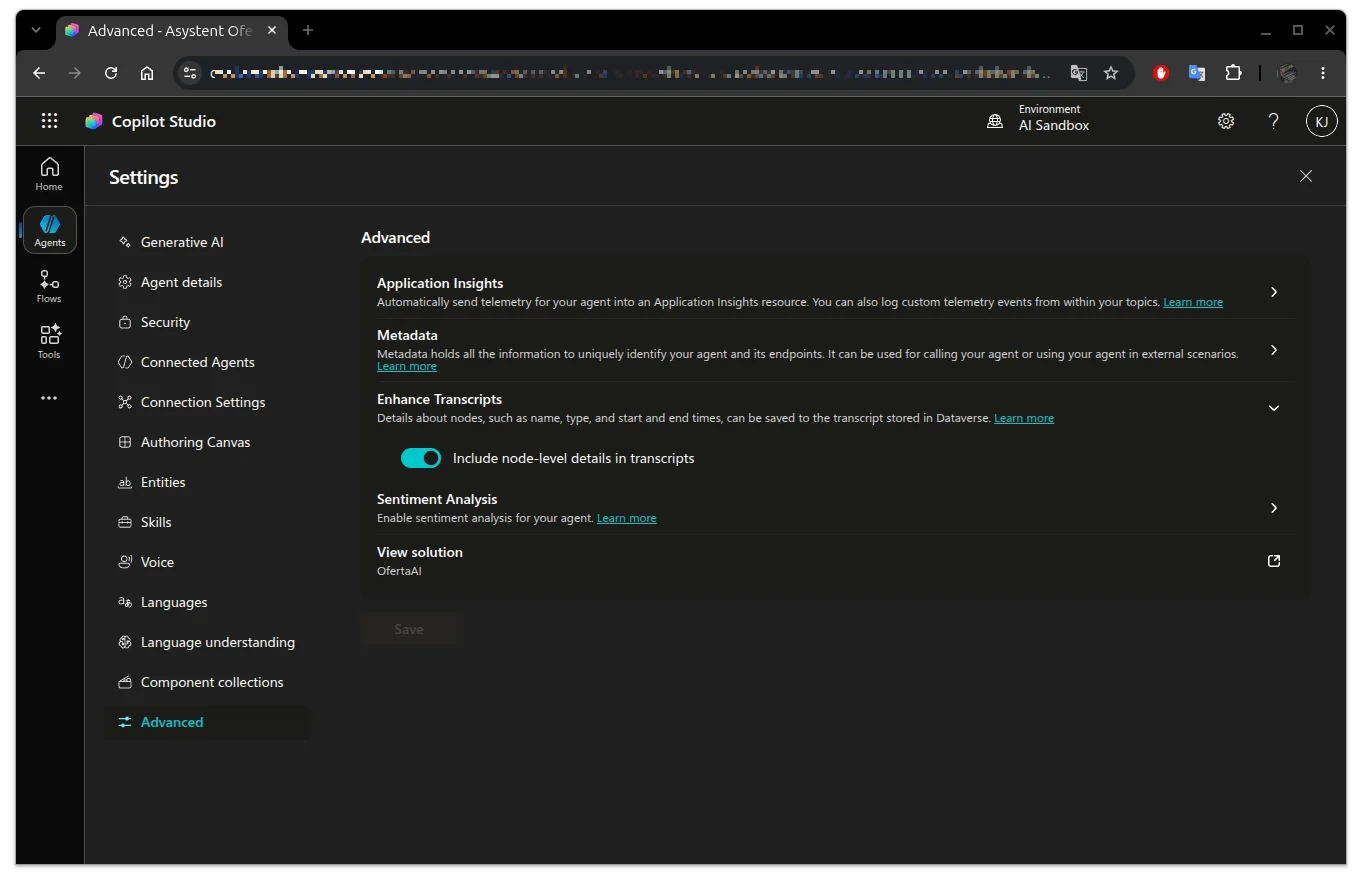 Ustawienia agenta w Copilot Studio, sekcja Advanced z włączoną opcją Enhance Transcripts