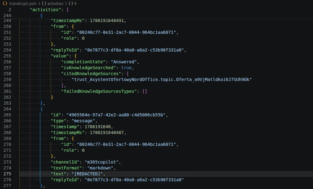 Surowy JSON z pola content: wypowiedzi agenta z węzłów Message zapisane w całości, a kilka aktywności niżej odpowiedź generatywna jako REDACTED
