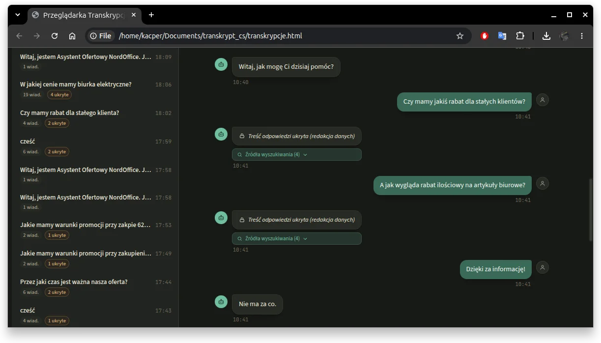 Ten sam transkrypt otwarty we własnej przeglądarce: kolejne tury rozmowy z podziałem na użytkownika i agenta, a w miejscu odpowiedzi generatywnej REDACTED